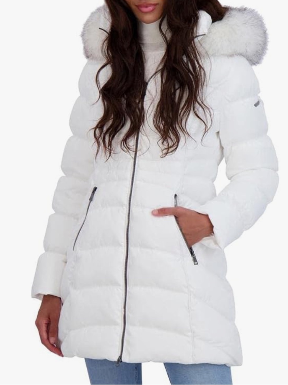Laundry By Shelli Segal White Dress Removable Faux-Fur Trim Puffer Coat